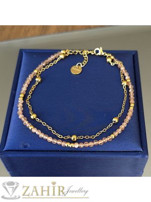 Изумителна гривна за ръка или глезен от естествено карнеол праскова 3 мм и стоманена верижка с топчета, стоманени накрайници - GA3211